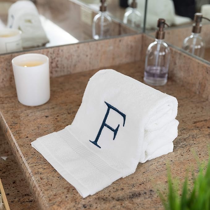 Monogrammed Hand Towels for Bathroom - Luxury Hotel Quality Personalized Initial Decorative Embroidered Bath Towel for Powder Room, Spa - GOTS Organic Certified - Set of 2 Navy Letter F