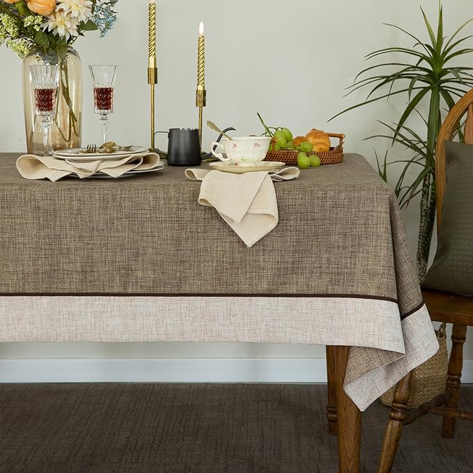 Solid Bordered Retro Tablecloths Classic Textured Linen Style Rustic Washable Tablecloth, Rectangle Table Cloth, Kitchen Dinning Tabletop Decoration, Oblong Table Cover Flax 55x120 Inch