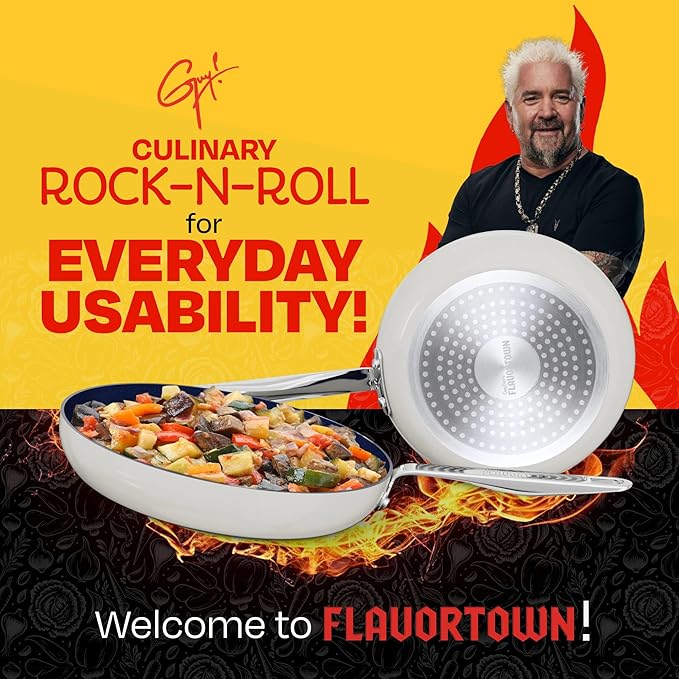 Guy Fieri's Flavortown 2-Piece Ceramic Cookware Set, Nonstick Frying Pan Set 10" and 12", Easy-Clean Kitchen Cookware, Made without PFAS PTFE PFOA, Induction Compatible, Dishwasher Safe, Blue & White