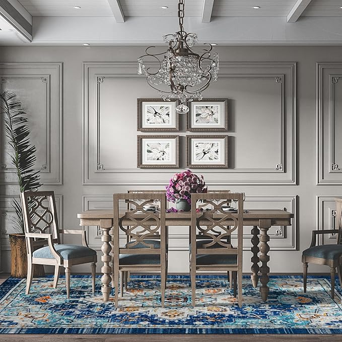 Easy-Going Area Rug 6x9 Washable Boho Rugs for Living Room Non-Slip Bedroom Rug Low Pile Lightweight Tangerine Vintage Throw Rug for Dining Room Kitchen Home Office Carpet, Floral Aqua Yellow