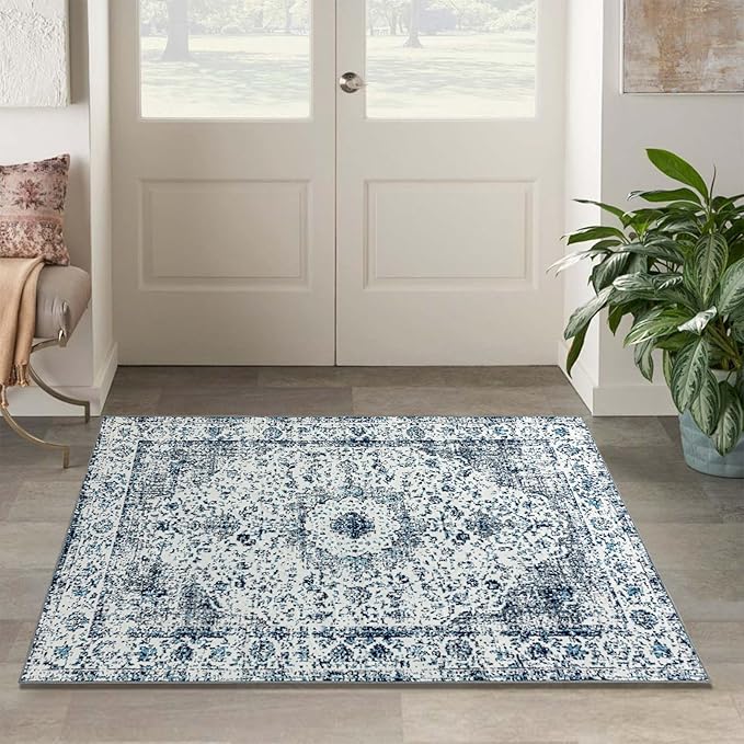 Easy-Going Area Rug 4x6 Washable Boho Rugs for Living Room Non-Slip Bedroom Rug Low Pile Lightweight Floral Print Vintage Throw Rug for Dining Room Kitchen Home Office Carpet, Blue Cream