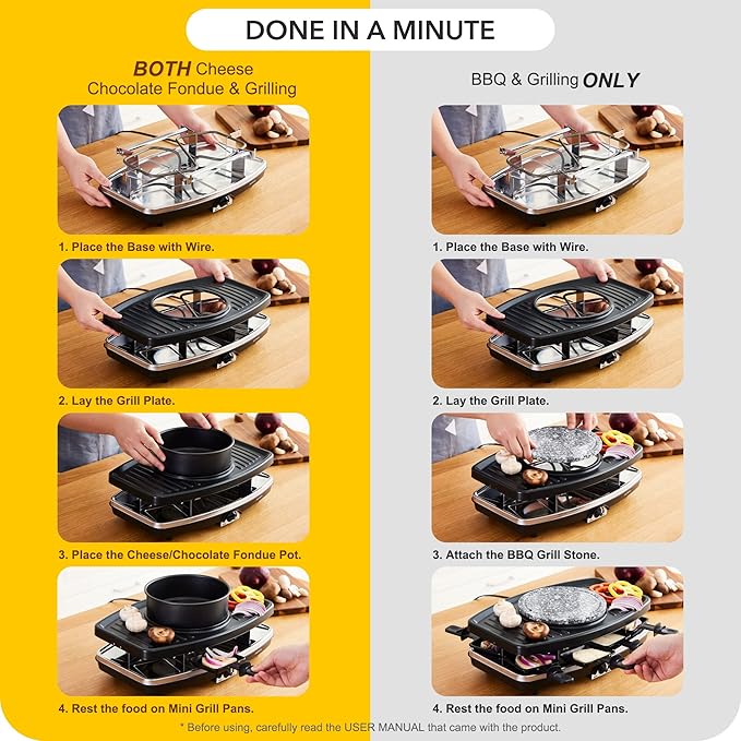 Electric Raclette BBQ Grill with Fondue Pot Sets, Portable Korean Table Grill Electric Indoor Cheese Raclette, Dual Adjustable Thermostats, 8 People Serve Perfect for Parties and Family Fun
