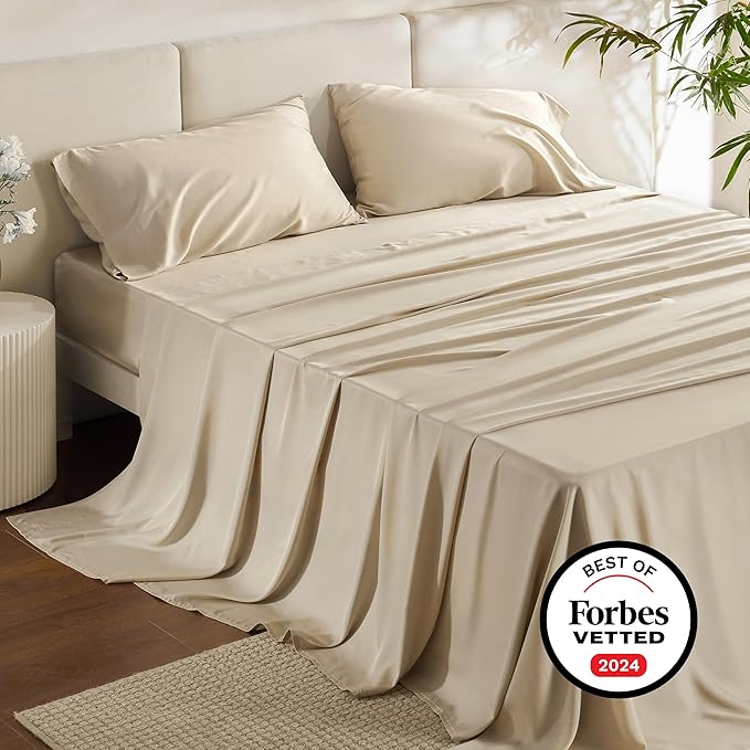 Bedsure King Size Sheet Set, Cooling Sheets King, Rayon Derived from Bamboo, Deep Pocket Up to 16", Breathable & Soft Bed Sheets, Hotel Luxury Silky Bedding Sheets & Pillowcases, Beige