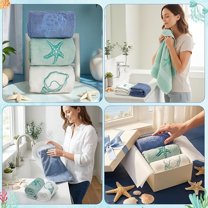 3 Pack Beach Hand Towels for Bathroom, 100% Cotton Soft Coastal Bathroom Towels Ocean Beach Kitchen Decor 13.5 x 29.5 Inch for Kitchen Summer Decoration