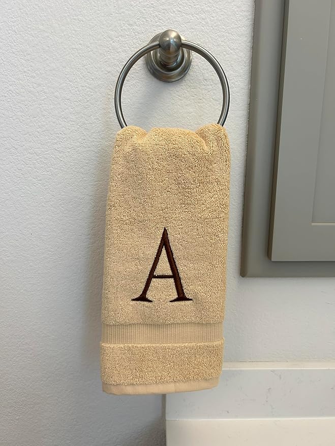 Beige Initial Hand Towel for Bathroom - Monogrammed Luxury Hotel Quality Decorative Embroidered Towel for Powder Room, Spa - GOTS Organic Certified - Set of 2 Brown Letter A