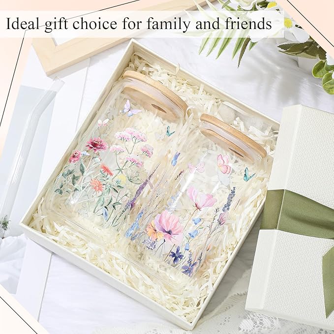 Mumufy Gift for Women Cute Glass Cup Tumbler Flower Iced Coffee Mugs 16 oz Glass with Bamboo Lid & Straw, Mothers Day Birthday Gift for Mom Sister Bridesmaid Baby Shower(2 Pack,Wild Flower2)