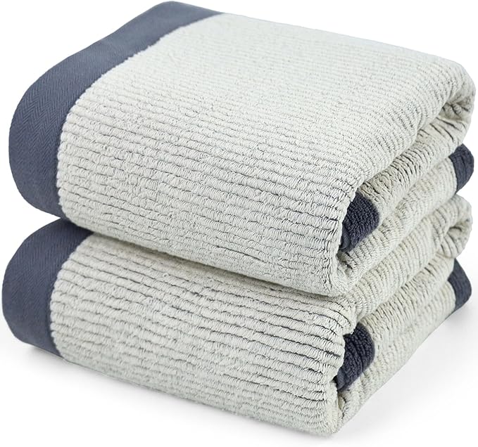 Cleanbear Bath Towels Set of 2, Silver-Gray, 520 GSM Luxury Shower Towels for Bathroom, Highly Absorbent 100% Cotton Terry Loops, 54 x 28 Inches with Individual Textured Lines