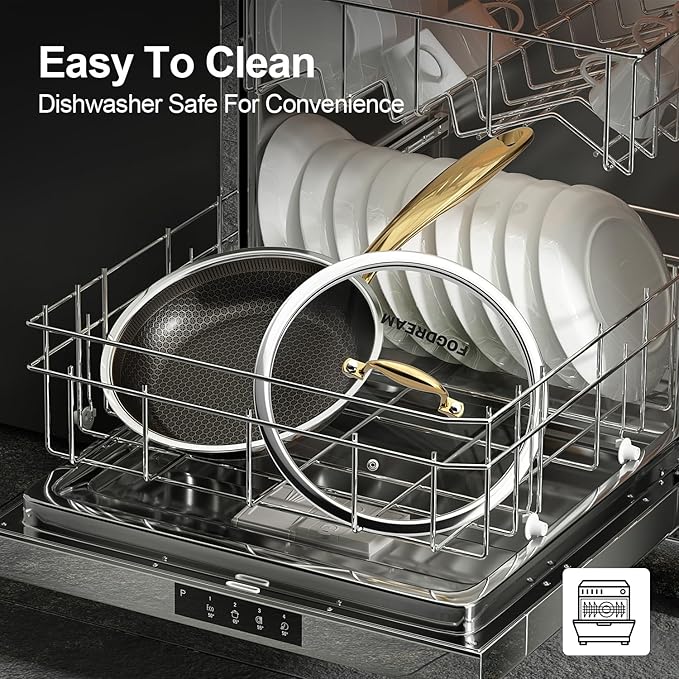 Fogdream 8” Stainless Steel Pan, Non Stick Frying Skillet with Lid, Tri-Ply Stainless Steel for All Cooktops, Dishwasher and Oven-Safe Cooking Pan, Stay-Cool Handle, Gold