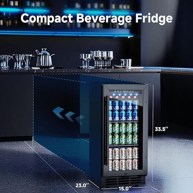15 Inch Built-In Beverage Fridge, 132-Can Capacity Freestanding Drink Fridge with Tempered Glass Door & Blue LED Display, Adjustable Shelving for Home Bar, Kitchen, or Office Use (Black)