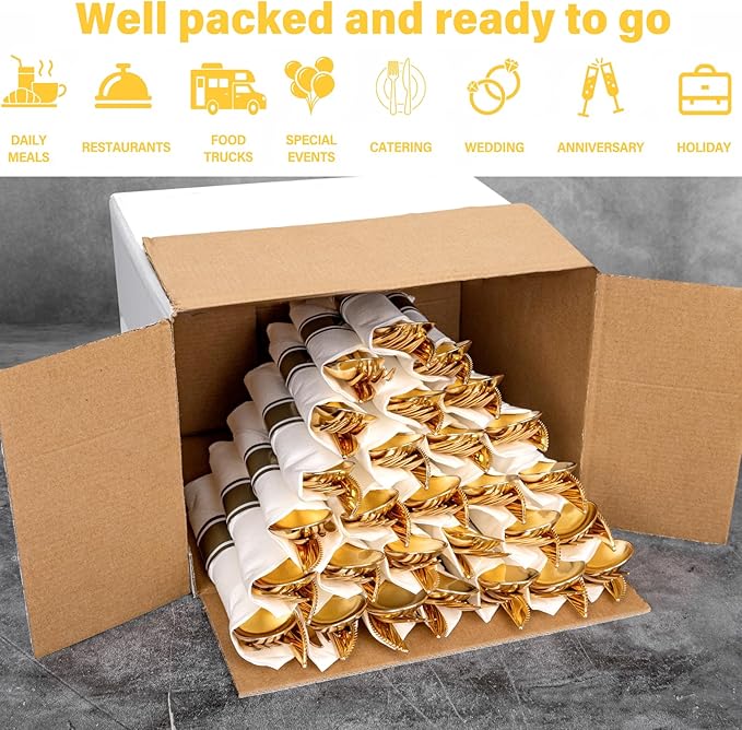 SUT 50 Pack Pre Rolled Silverware Set Disposable, 200pcs Gold Plastic Utensils Include 50 Forks, 50 Knives, 50 Spoons and 50 Napkins, Wrapped Plastic Cutlery Set With Napkin for Wedding