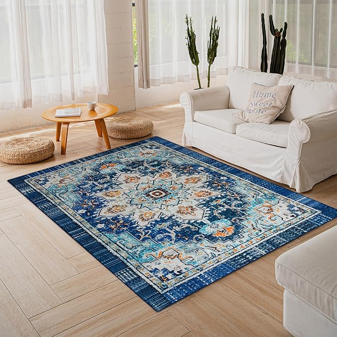 Easy-Going Area Rug 5x7 Washable Boho Rugs for Living Room Non-Slip Bedroom Rug Low Pile Lightweight Tangerine Vintage Throw Rug for Dining Room Kitchen Home Office Carpet, Floral Aqua Yellow