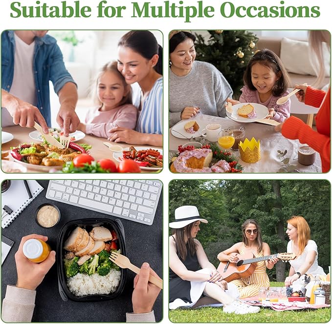 ECOLipak 300 Count Disposable Wooden Cutlery Set, 100 Knives, Forks and Spoons each, Splinter-Free Compostable Wooden Disposable Utensils for Party, Camping, Traveling, Family Dinners