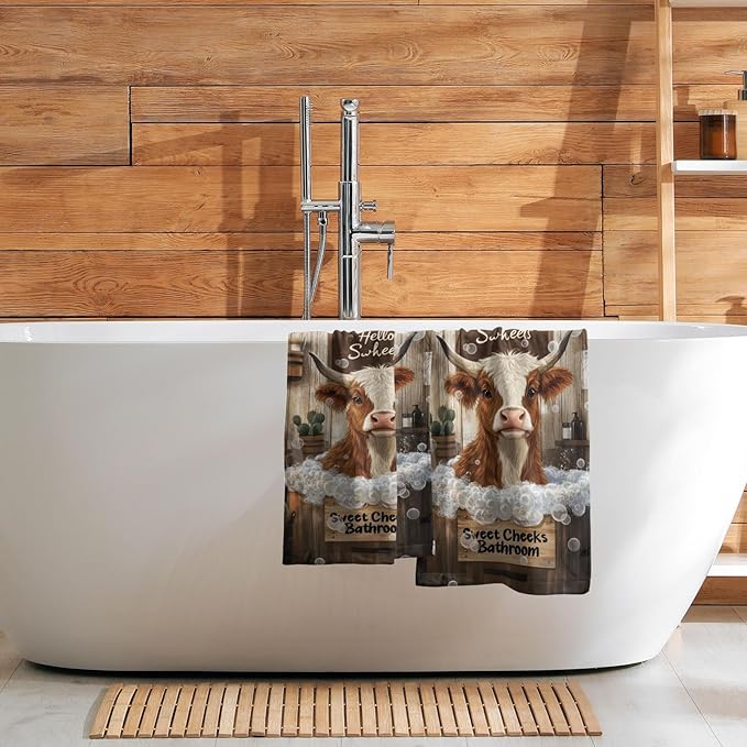 Imiss Cow Themed Funny Bathroom Towels - 14.4 x 28.3 Inch Farmhouse Country Decorative Cute Western Animal Kitchen Fingertip Towel for Hotel Gym Spa Decor, Set of 2