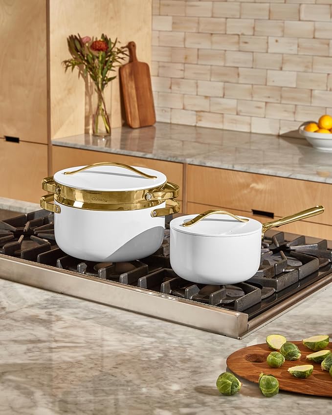 Caraway Steamer - Stainless Steel Steamer with Handles - Non Stick, Non Toxic Coating - Steam Veggies, Seafood, and More - Compatible With Our Dutch Oven or Sauce Pan - Small, 3qt - Gold