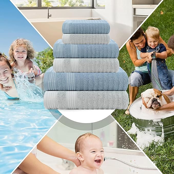 CASA COPENHAGEN Elegance 6 Pieces Towel Set- Grey Violet + Dusty Blue, 550 GSM 2 Bath Towel 2 Hand Towel 2 Washcloth, Designed in Denmark Made of Soft Egyptian Cotton for Bathroom,Kitchen and Shower