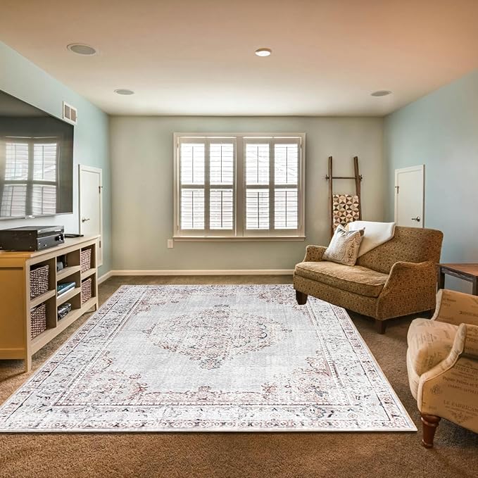 Easy-Going Large Area Rug 8x10 Washable Boho Rugs for Living Room Non-Slip Bedroom Rug Low Pile Lightweight Vintage Distressed Throw Rug for Dining Room Kitchen Home Office Carpet, Grey Brick