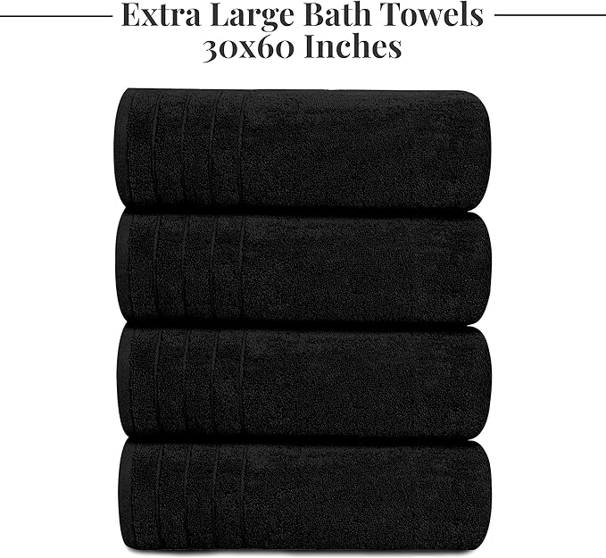Tens Towels Pack of 4 Extra Large Bath Towels 30 x 60 Inches, 100% Cotton, Larger & Lighter Weight, Quicker to Dry, Super Soft and Absorbent, Perfect for Bathroom, Black