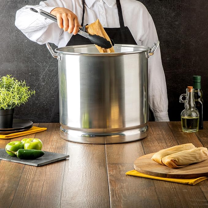 Vasconia 32-Quart Steamer Pot (Aluminum) with Tray & Aluminum Lid for Most Stoves (Hand-Wash only) Large Stock Pot for Tamales, Steaming, Boiling & Frying - Makes Seafood, Pasta, Veggies & More