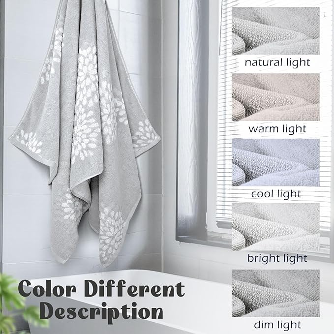 Cute Bath Towels Set of 2 (Light Grey) - Large 55” x 28”, Decorative Hydrangea Floral Jacquard, Guest Room & Bathroom Decor, Cotton