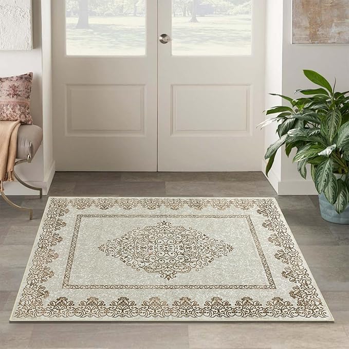Easy-Going Area Rug 4x6 Washable Boho Neutral Rugs for Living Room Non-Slip Bedroom Rug Low Pile Lightweight Floral Brown Print Vintage Throw Rug for Dining Room Bathroom Kitchen Home Office Carpet