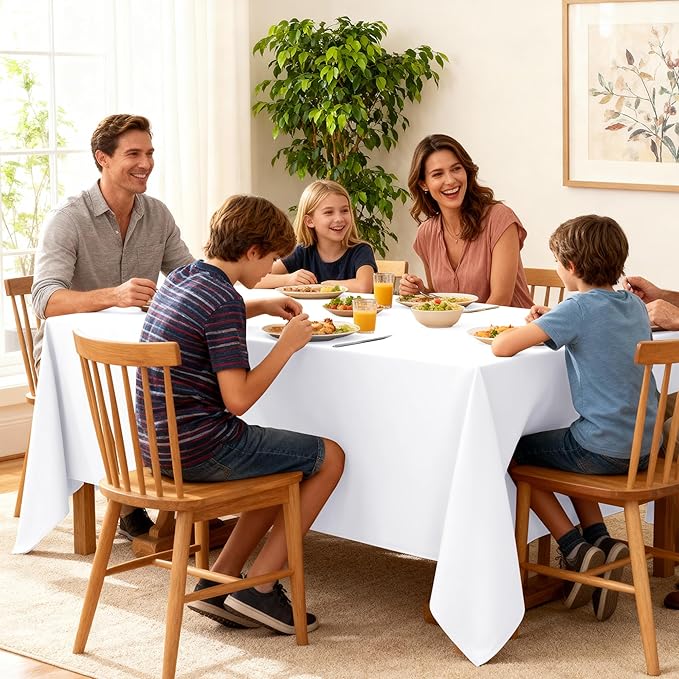 10-Pack White Tablecloths for Rectangle Tables, 70 x 120 Inches, Stain-Resistant Polyester Fabric for 6 Foot Tables - Washable Table Covers for Weddings, Banquets, Birthday Parties, Events