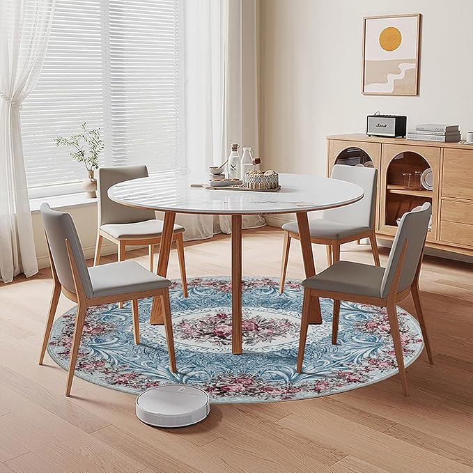 Easy-Going Round Rug 5ft Area Rug Washable Floral Circle Rugs for Living Room Non-Slip Bedroom Rug Low Pile Lightweight Retro Flowers Throw Rug for Dining Room Kitchen Home Home Office, Teal Red