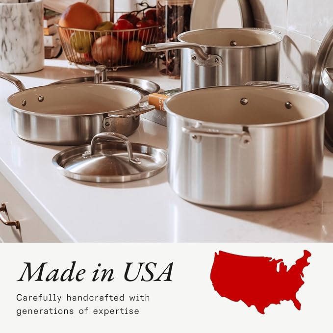 Made In Cookware - 7-Piece Ceramic Non Stick Pot and Pan Set (Stainless Handle) - 5-Ply Stainless Clad - Professional Cookware - Crafted in Italy - Induction Compatible