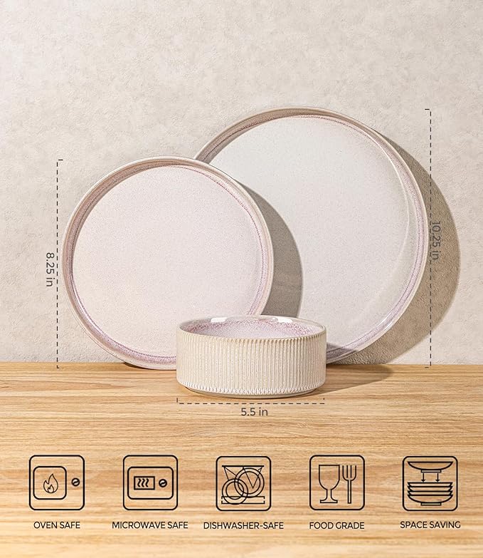 TheTerra Ceramic Dinnerware Sets for 4, 12 Pieces Porcelain Lightweight Speckled Plates and Bowls Sets, Scratch Resistant Dish Set, Oven & Microwave & Dishwasher Safe, Primrose Pink