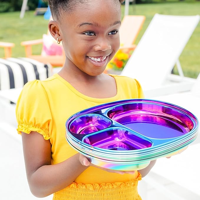 Ahimsa Stainless Steel Plates For Kids, Pediatrician Designed Divided Plates for Toddlers & Baby, Non Toxic, Unbreakable & Dishwasher Safe, Iridescent Blue Set of 4