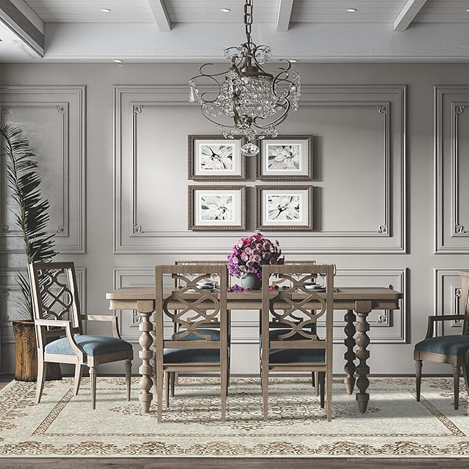 Easy-Going Area Rug 6x9 Washable Boho Neutral Rugs for Living Room Non-Slip Bedroom Rug Low Pile Lightweight Floral Brown Print Vintage Throw Rug for Dining Room Bathroom Kitchen Home Office Carpet