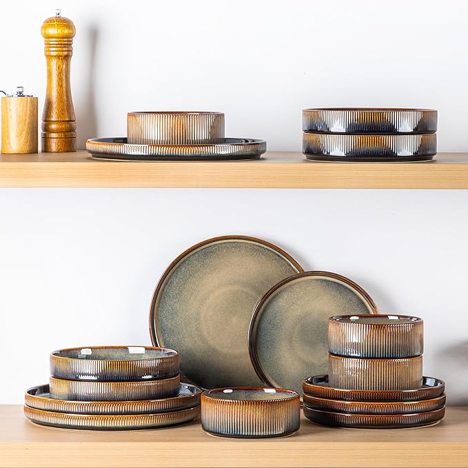 TheTerra Ceramic Dinnerware Sets with Pasta Bowls for 4, 16 Pieces Porcelain Lightweight Plates and Bowls Sets, Scratch Resistant Dish Set, Oven & Microwave & Dishwasher Safe, Coca Mocha