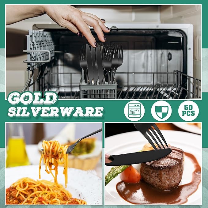 Nuenen 100 Pieces Stainless Steel forks and knives Dinner Flatware Set Tableware Cutlery for Butter Kitchen Restaurant, Dishwasher Safe(Black,8.4 Inches, 7.1 Inches)