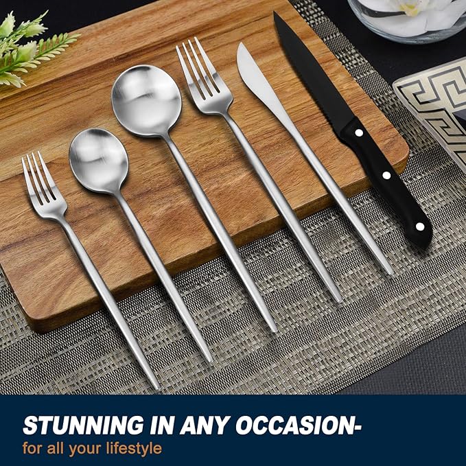 EUIRIO 48-Piece Matte Silverware Set with Steak Knives, Flatware Set for 8, Stainless Steel Forks and Spoons Silverware Sets, Satin Finish, Dishwasher Safe Cutlery Utensils Set