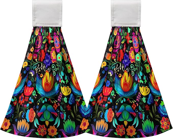 Mexican Day of The Dead Kitchen Towels with Hanging Loop Halloween Floral Hanging Hand Towel Holiday Dish Tie Towels Soft Absorbent Bathroom Kitchen Decoration