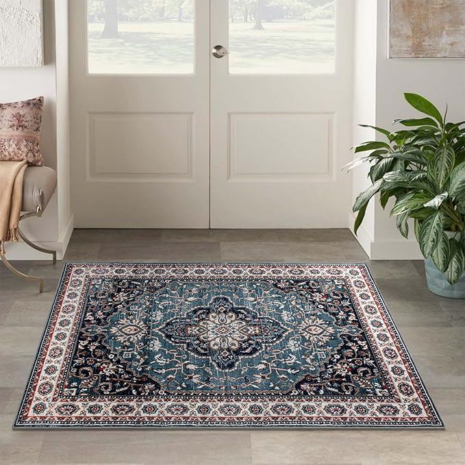 Easy-Going Area Rug 4x6 Medallion Distressed Washable Rugs for Living Room Non-Slip Bedroom Rug Low Pile Lightweight Vintage Retro Throw Rug for Dining Room Kitchen Home Office Carpet, Teal Brick