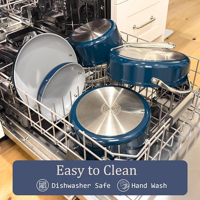 Ceramic Cookware Set Nonstick Pots and Pans Set with Lid PFAS-Free Non Toxic Cookware Set with Advanced G7 Ceramic Coating, Oven Safe Up To 500ยฐF, Quick & Even Heat Distribution, Navy Blue