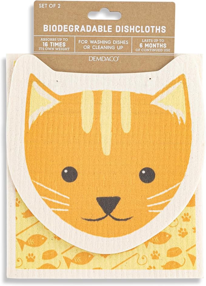 DEMDACO Reusable Biodegradable Kitchen Cleaning Dish Cloth from Design Serving Collection 6 x 7 Inch Cotton Blend Cat Assorted Set of 2