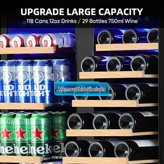 30 Inch Wine & Beverage Refrigerator– Dual Zone Beverage Cooler with Glass Door, Digital Touch Control, Wine Fridge Under-Counter or Freestanding, Holds 30 Bottles & 110 Cans Large Capacity, Black