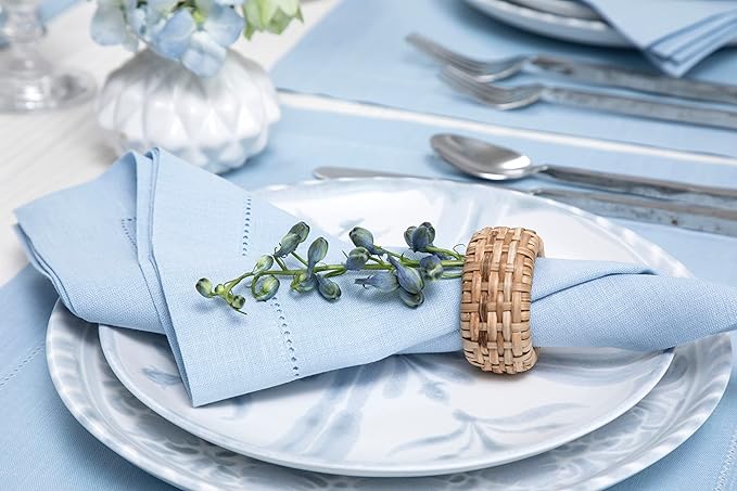 Solino Home Sky Blue Linen Napkins Set of 4-100% Pure Linen Hemstitch Dinner Napkins 20 x 20 Inch for Holiday, New Year - Classic Hemstitch