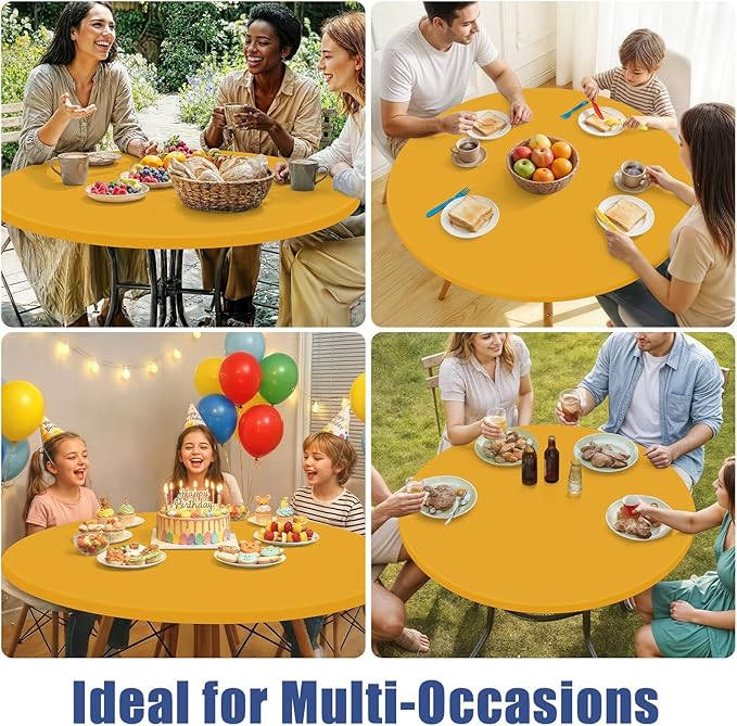 Round Spandex Tablecloth, Elastic Fitted Waterproof Tablecloths for 45"-56" Tables, Stretch Washable Picnic Table Cover for Camping, Dining, Indoor and Outdoor, Mustard Yellow