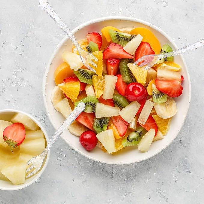 Skylety 500 Pcs Plastic Mini Forks 3.7 x 0.6 Inch Tiny Small Disposable Appetizer Cocktail Tasting Forks Utensils for Fruit Dessert Cakes Serving Supply(Transparent Gold)