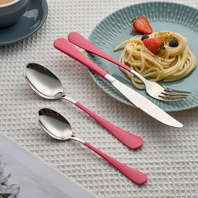 20 Piece Pink 18/0 Flatware Utensil Set for 4, Include Dinner Knife,Dinner Forks,Dinner Spoons,Salad Forks,Teaspoons,Silverware Set for 4, Dishwasher Safe