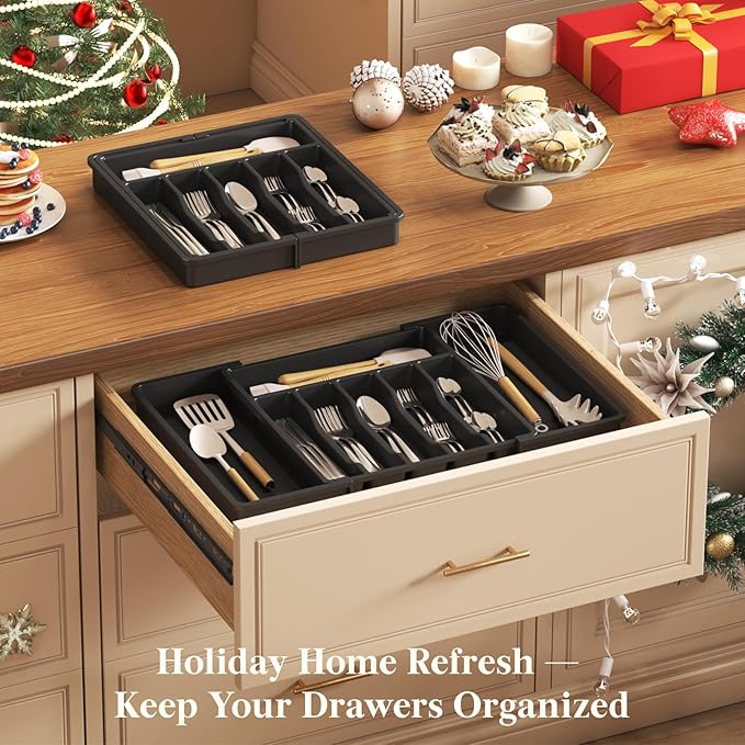 Lifewit Large Silverware Drawer Organizer, Expandable Utensil Tray for Kitchen, BPA Free Flatware and Cutlery Holder, Adjustable Plastic Storage for Spoons Forks Knives, Large, Black
