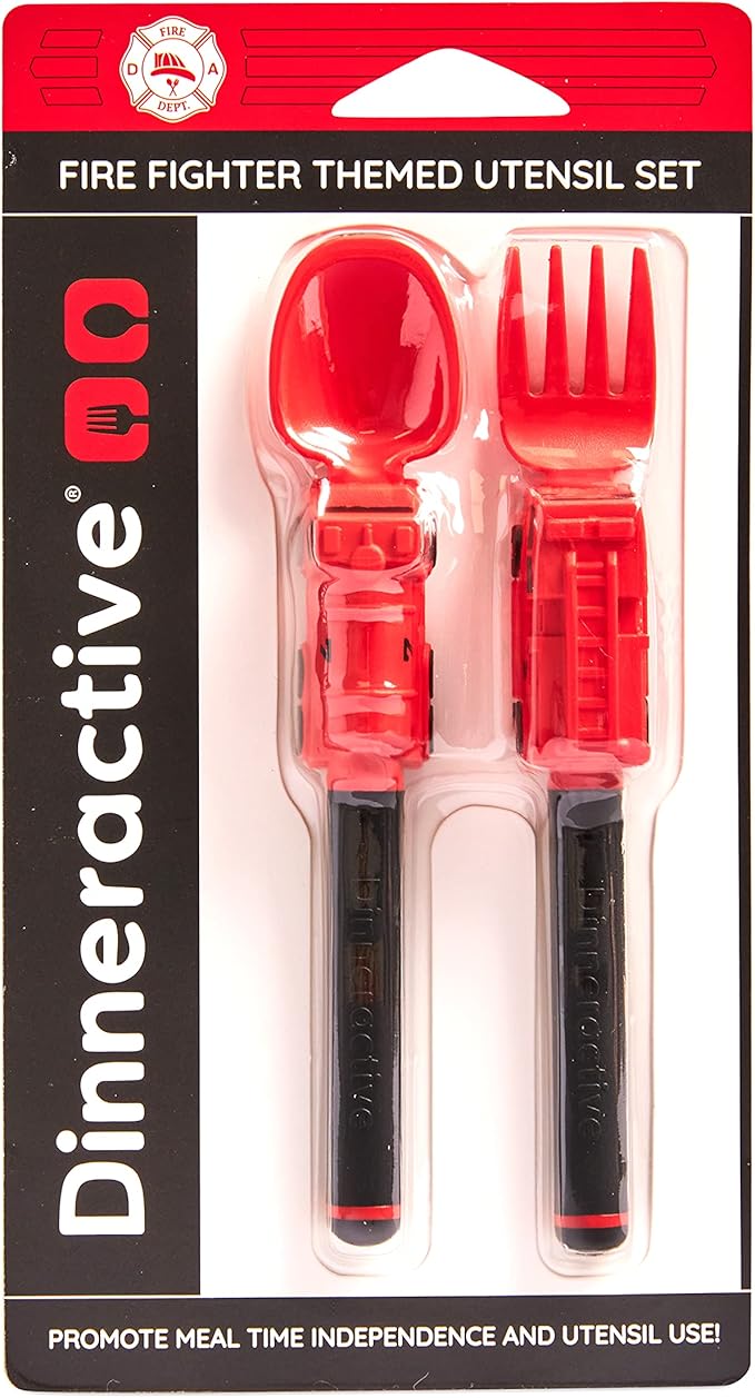 Dinneractive Utensil Set for Kids – Red Firefighter Themed Fork and Spoon for Toddlers and Young Children – 2-Piece Set