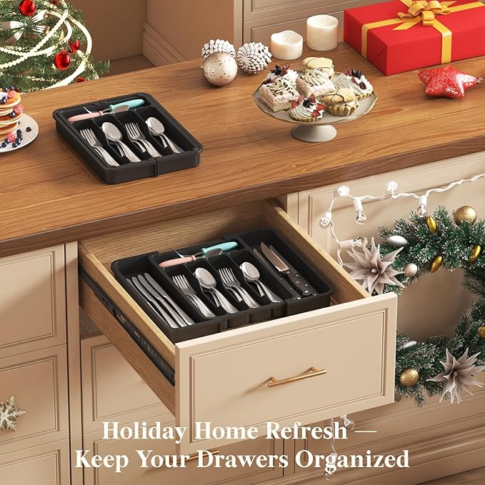 Lifewit Silverware Drawer Organizer, Expandable BPA Free Utensil Tray for Kitchen, Adjustable Flatware and Cutlery Holder for Spoons Forks Knives, Plastic Kitchen Organizers and Storage, Black