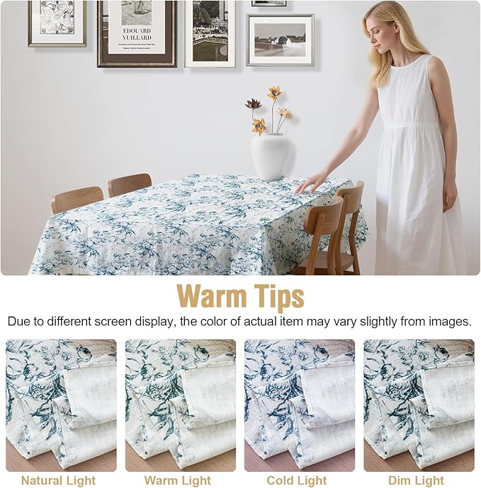 H.VERSAILTEX Linen Table Cloths Floral Printed Tablecloth Spill-Proof Waterproof Table Cover for Dining Buffet Feature Soft and Thick Fabric Wrinkle Free, 60 x 60 Inch, Vintage Botanical - Blue