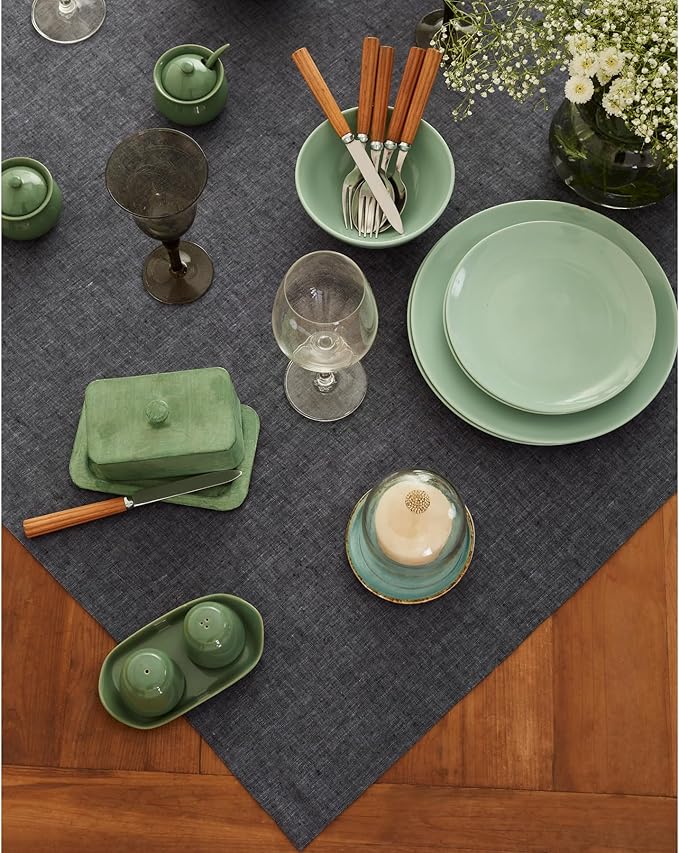 Solino Home Linen Square Tablecloth 52 x 52 Inch - 100% Pure Linen Charcoal Grey Table Throw - Athena, Machine Washable Tablecloth for Winter