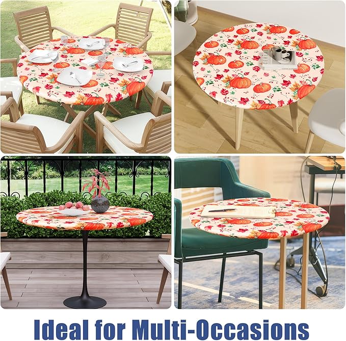 Round Spandex Thanksgiving Tablecloth, Elastic Fitted Waterproof Tablecloths for 57"-68" Tables, Stretch Washable Picnic Table Cover for Autumn Harvest Partiesr, Pumpkin Leaf