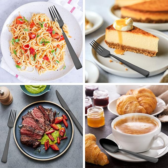 Wildone 60-Piece Black Silverware Set, Stainless Steel Flatware Square Cutlery Set Service for 12, Eating Utensils Include Knife Fork Spoon, Mirror Polished & Dishwasher Safe