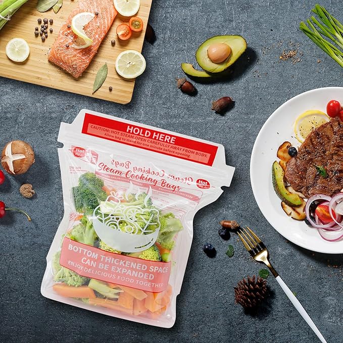 20×Steam Cooking Bags Microwave Steamer Bags Widen the Bottom Stand Upright Zipper Steam Bags for Vegetables,Potatoes and Meat (2 Pack)